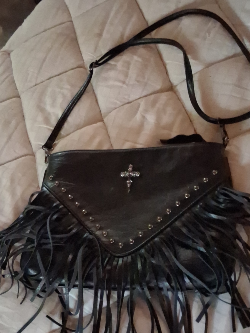 Source Unknown Black Fringe Cross Studded Crossbody Bag